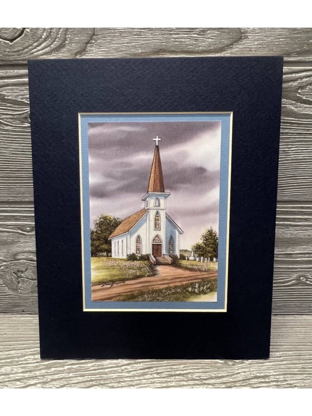 Vintage Old White Church Art Print Matted Ready to Frame 8” X 10”  Dan Brown